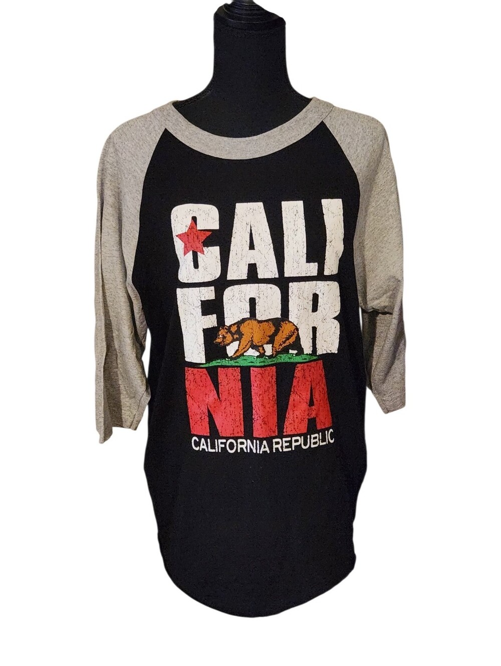 Shaka Active California Republic Raglan Tee - Black & Gray with Red Accent